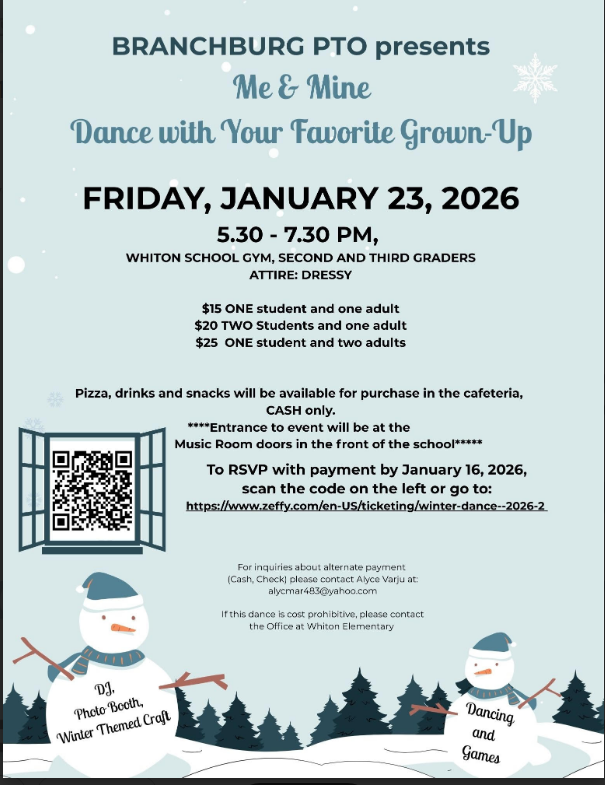 Flyer for the Branchburg PTO 'Me & Mine' Dance with Your Favorite Grown-Up on Friday, January 23, 2026.