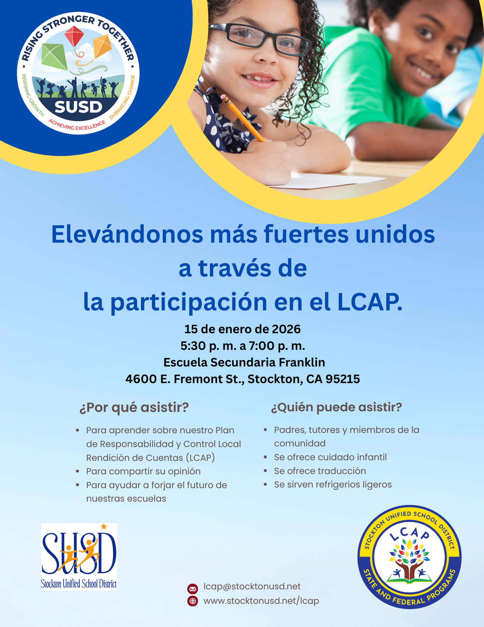 Poster announcing a community meeting on LCAP participation at Franklin Middle School in Stockton, CA on January 15, 2026.