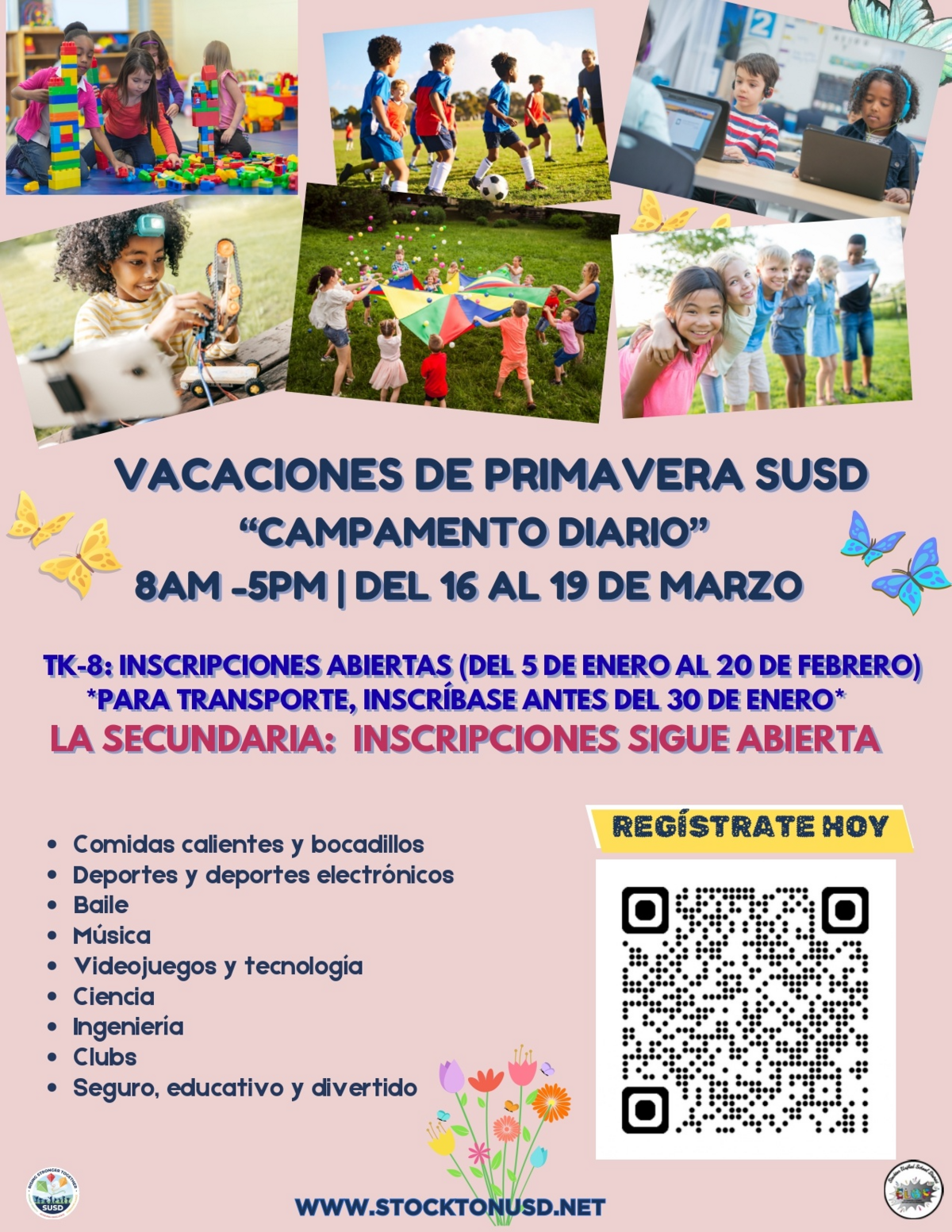 Collage of children engaged in various activities: building with blocks, playing soccer, using laptops, and playing with a parachute.