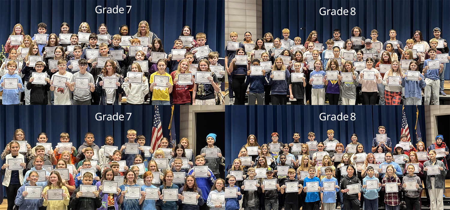 Students in Grade 7 and Grade 8 pose for photos holding certificates.