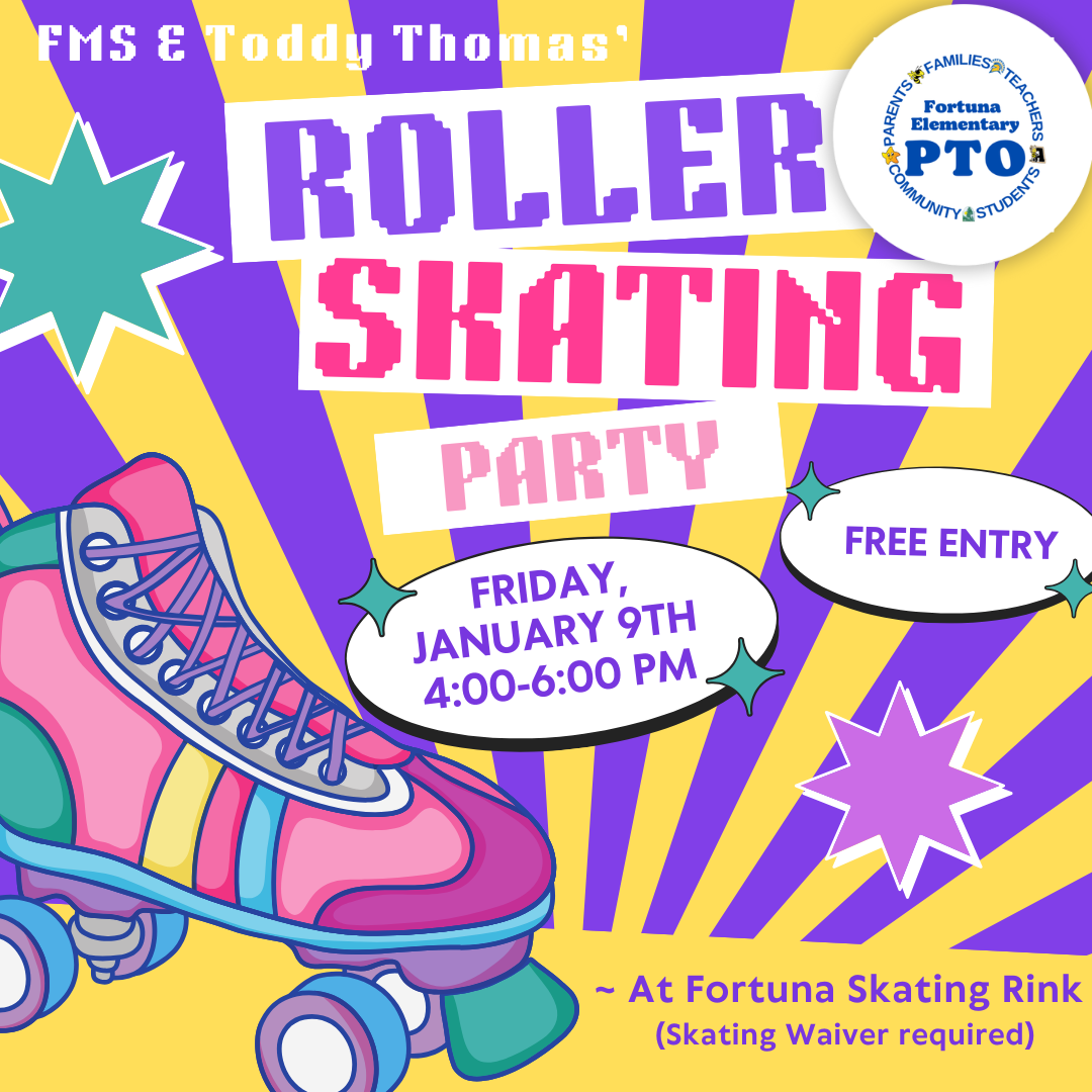 Poster for a Roller Skating Party hosted by FMS & Toddy Thomas, featuring a retro roller skate.