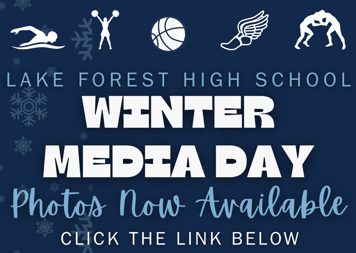 Lake Forest High School Winter Media Day announcement with sports icons and text.