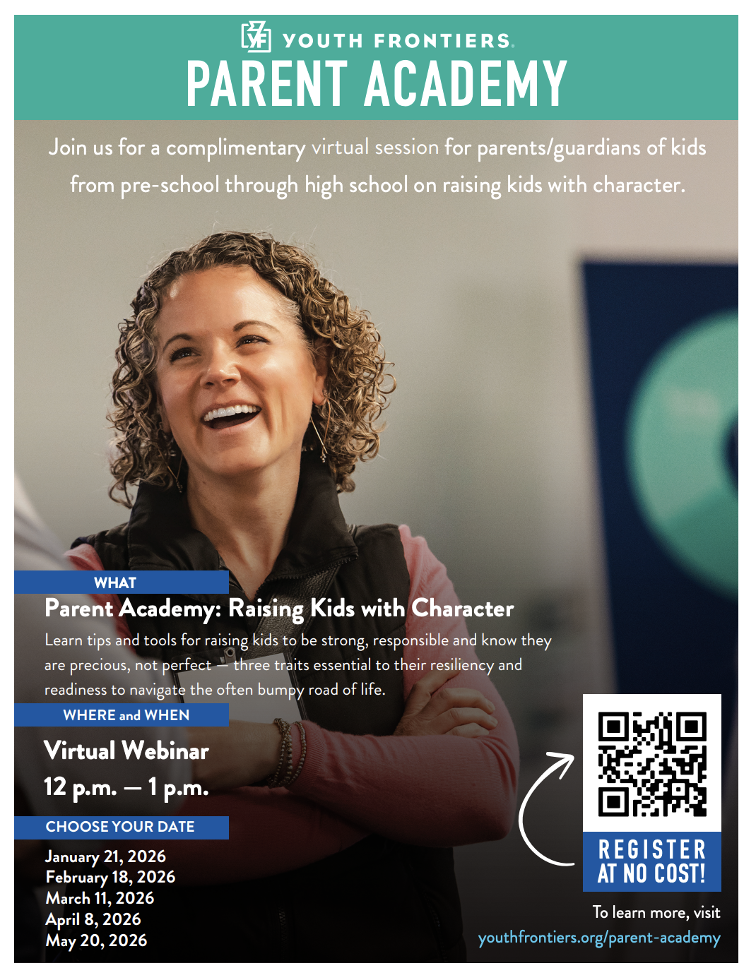 Advertisement for Youth Frontiers Parent Academy: Raising Kids with Character virtual session.