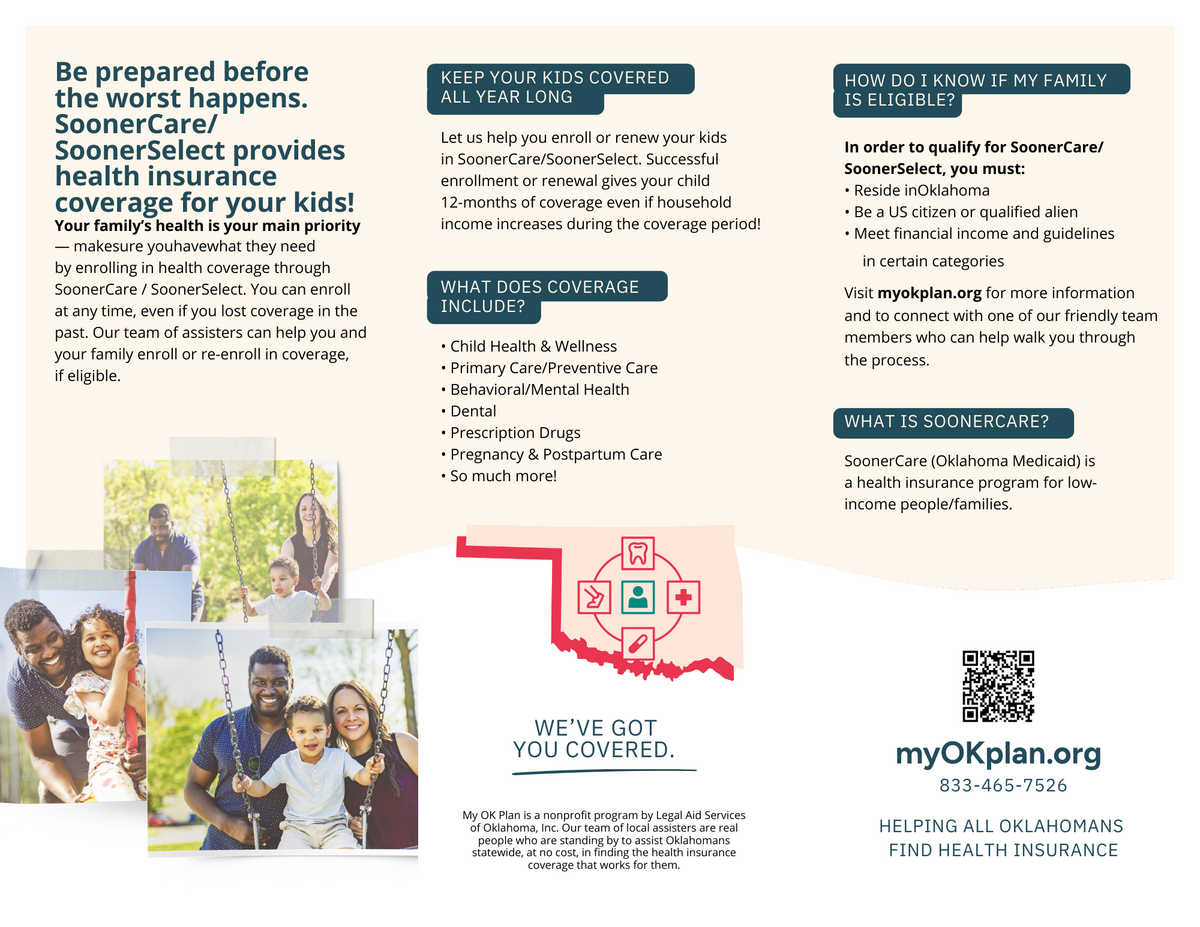 A flyer promoting SoonerCare/SoonerSelect health insurance for children, featuring images of happy families.