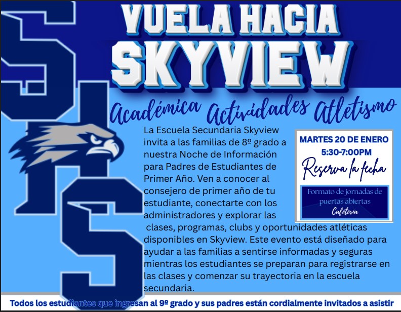 Skyview Secondary School invites 8th-grade families to an information night on January 20th from 5:30-7:00 PM.