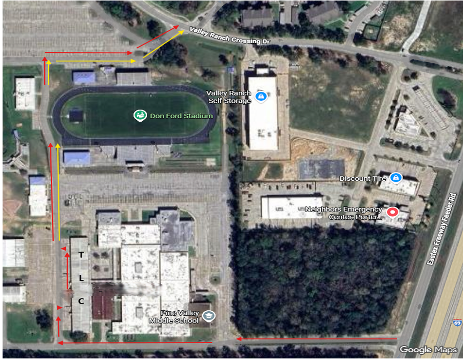 Aerial view of Pine Valley Middle School and Don Ford Stadium with traffic flow arrows.