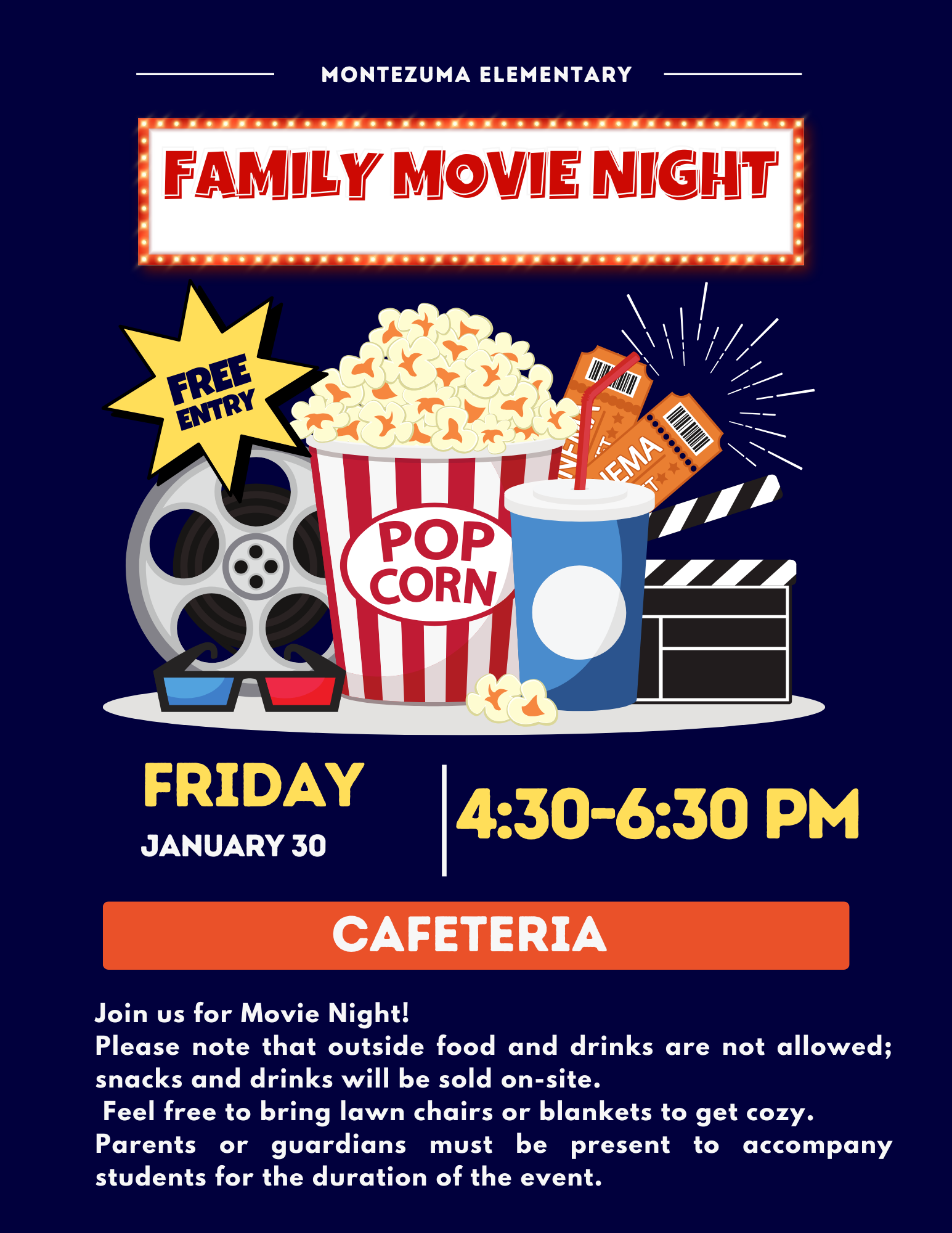 Montezuma Elementary presents Family Movie Night on Friday, January 30, from 4:30-6:30 PM in the Cafeteria.