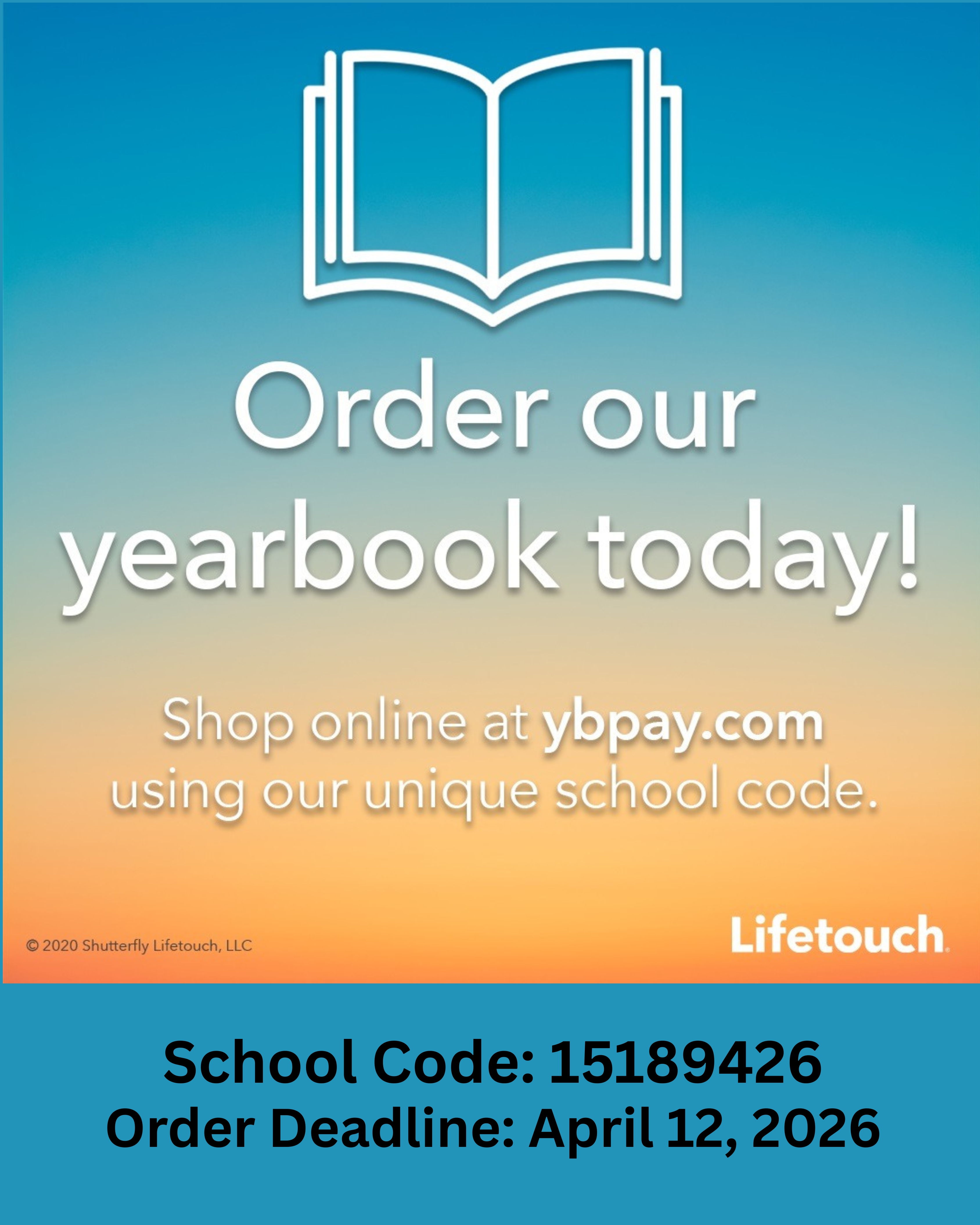 An open book icon above text that reads 'Order our yearbook today!'