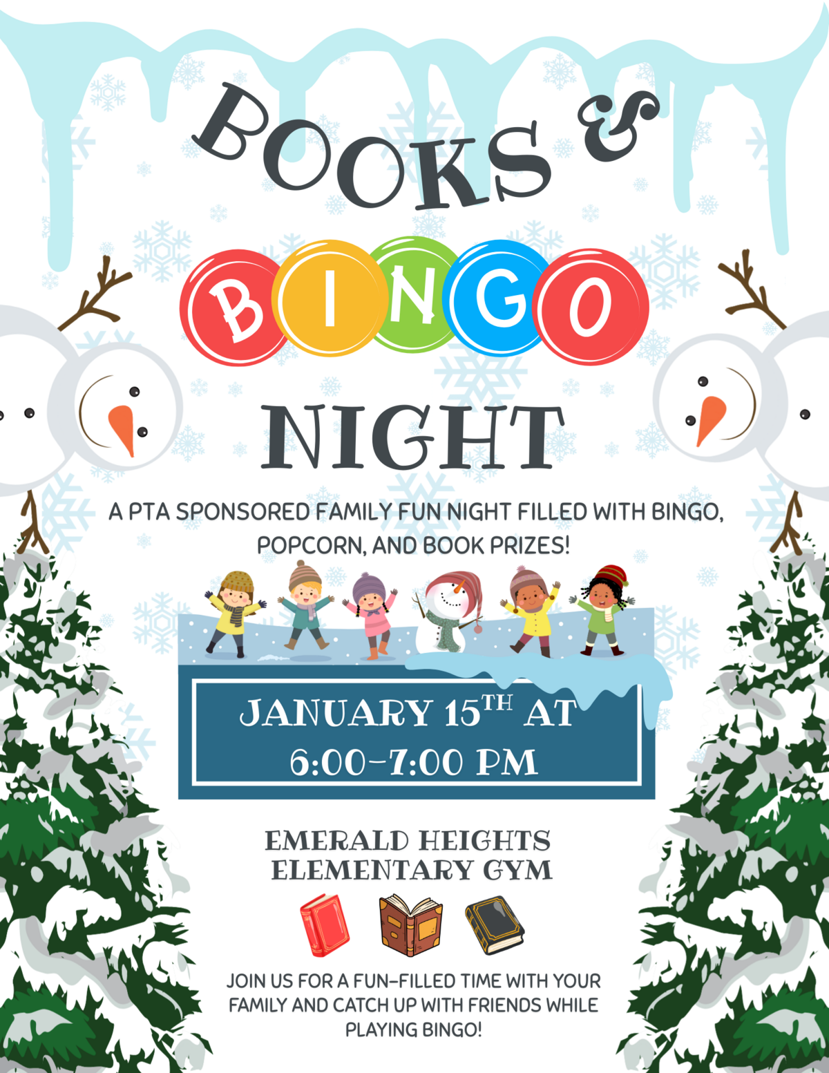 Poster for 'Books & Bingo Night' featuring snowmen, children, and winter trees.