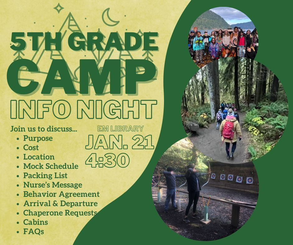 5th Grade Camp Info Night flyer with details on purpose, cost, location, and more.