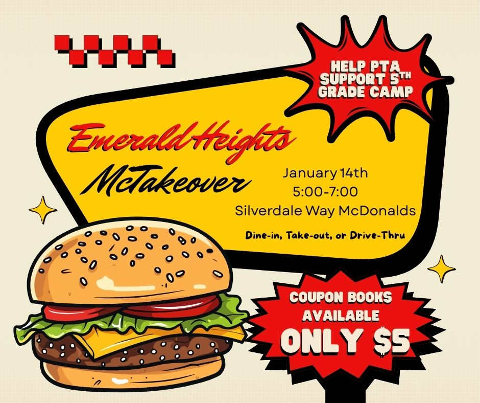 Emerald Heights McTakeover event flyer with a cartoon hamburger and event details.