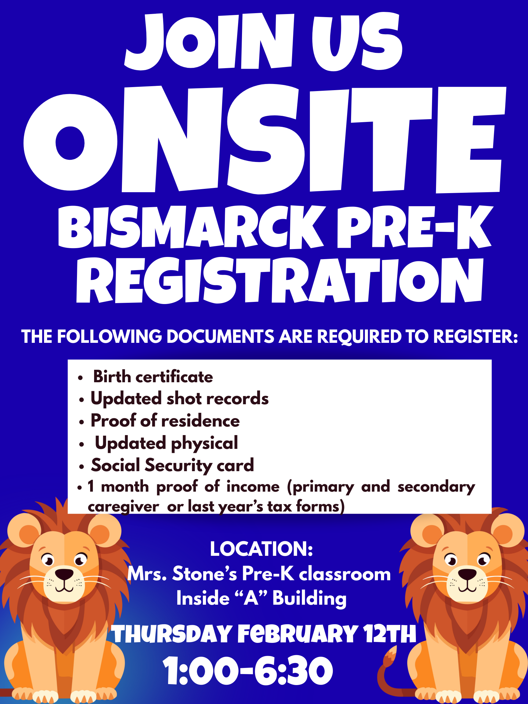 Join us for onsite Bismarck Pre-K registration on Thursday, February 12th from 1:00-6:30 PM.