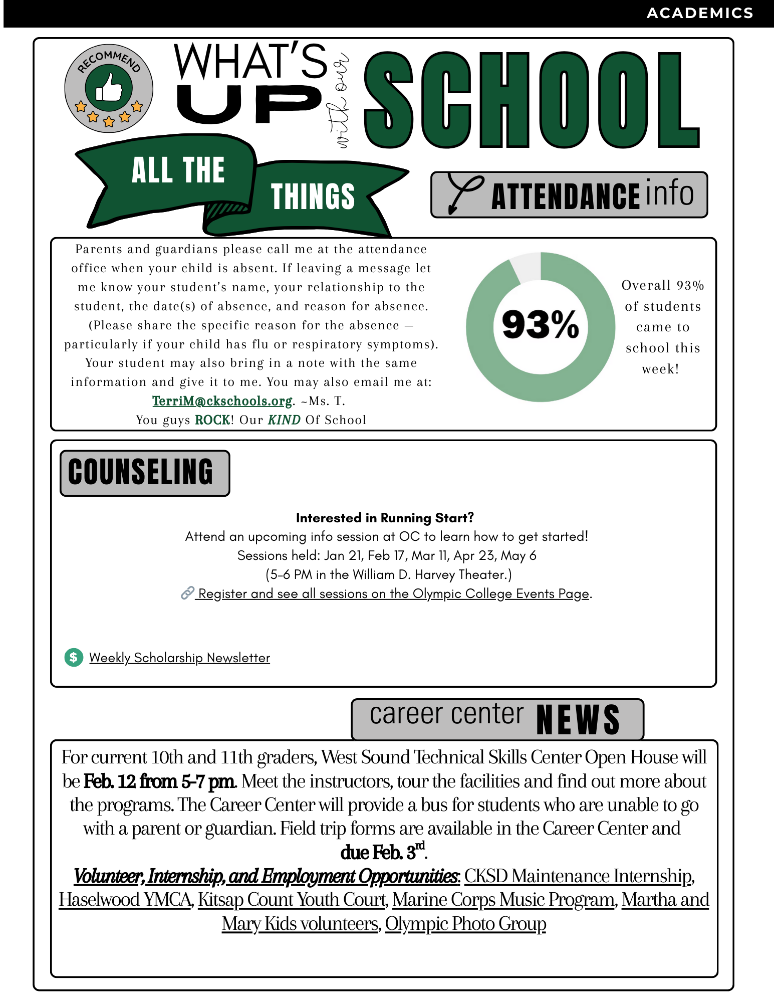 A newsletter titled 'What's Up With Our School' features sections on attendance, counseling, and career center news.
