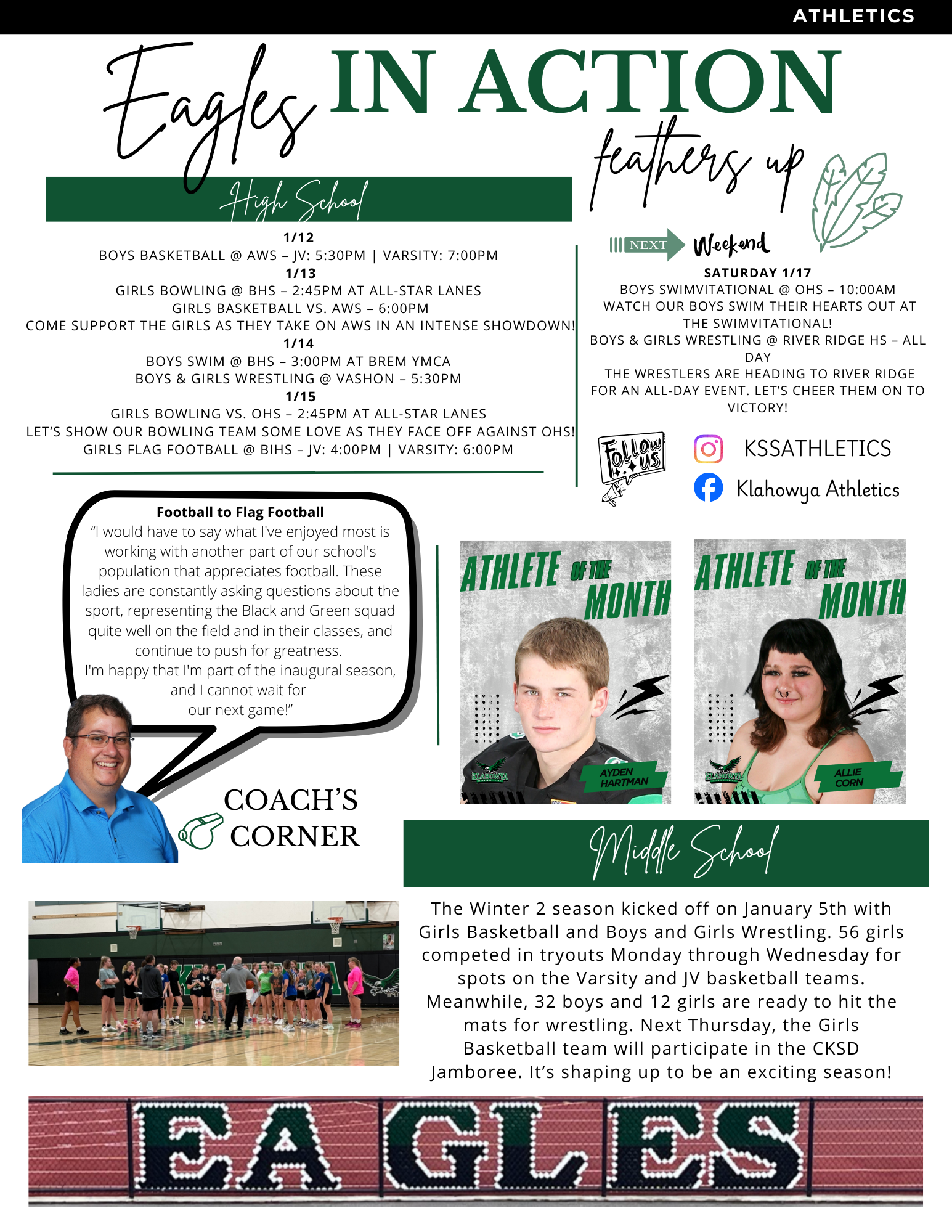 A graphic displays 'Eagles IN ACTION' with sports schedules for High School and Middle School.