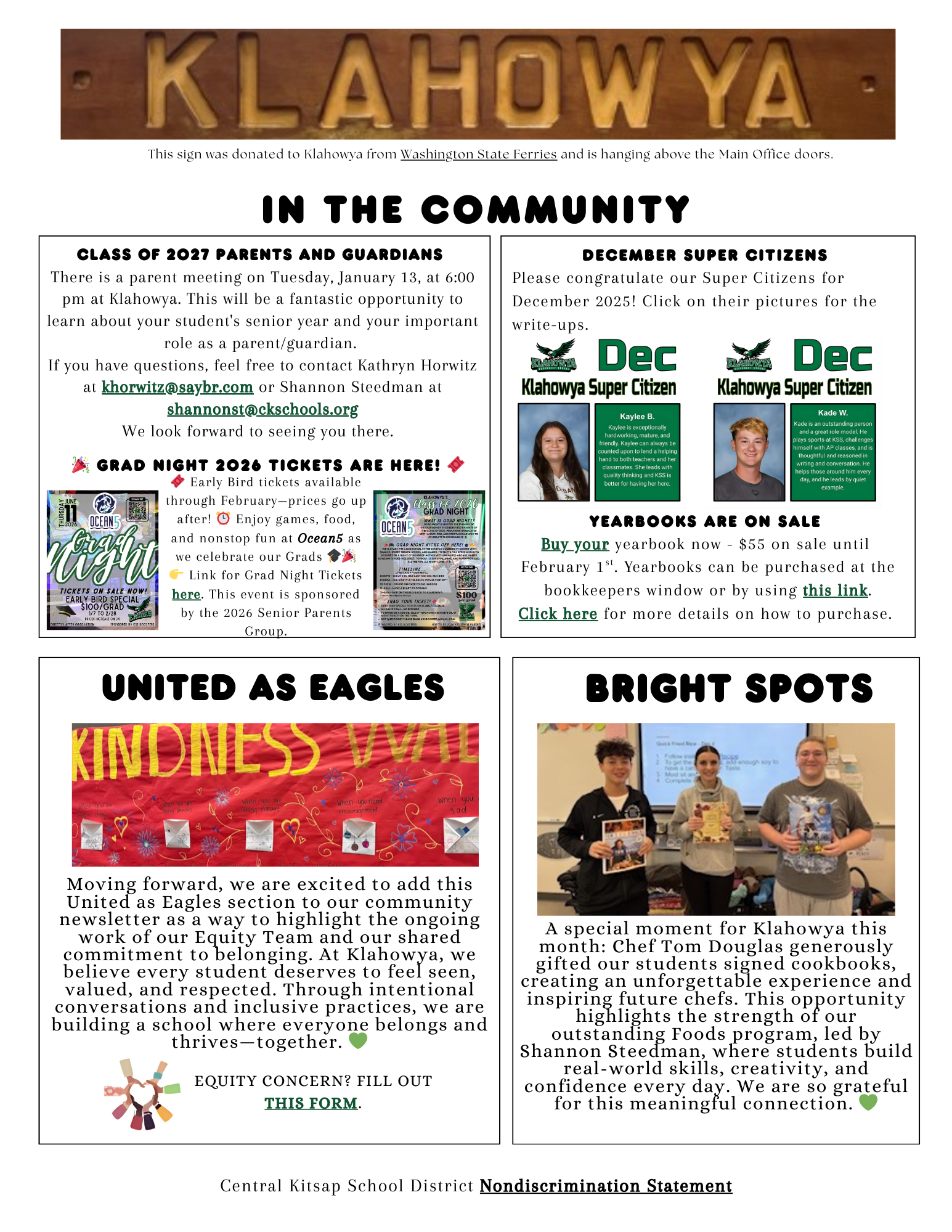 A newsletter page titled 'In the Community' features announcements about a Class of 2027 parent meeting, December Super Citizens, and yearbook sales.