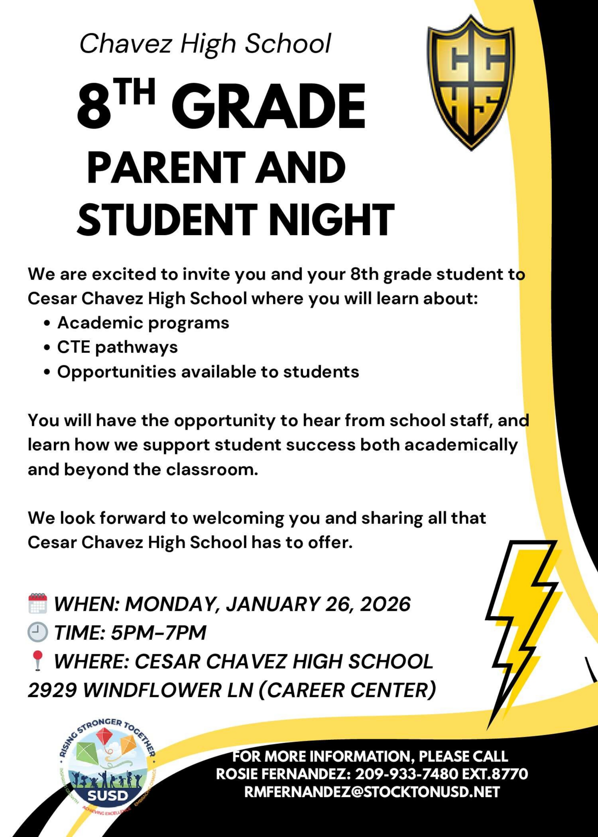 Chavez High School invites 8th graders and parents to an informational night on January 26, 2026, from 5 PM to 7 PM.