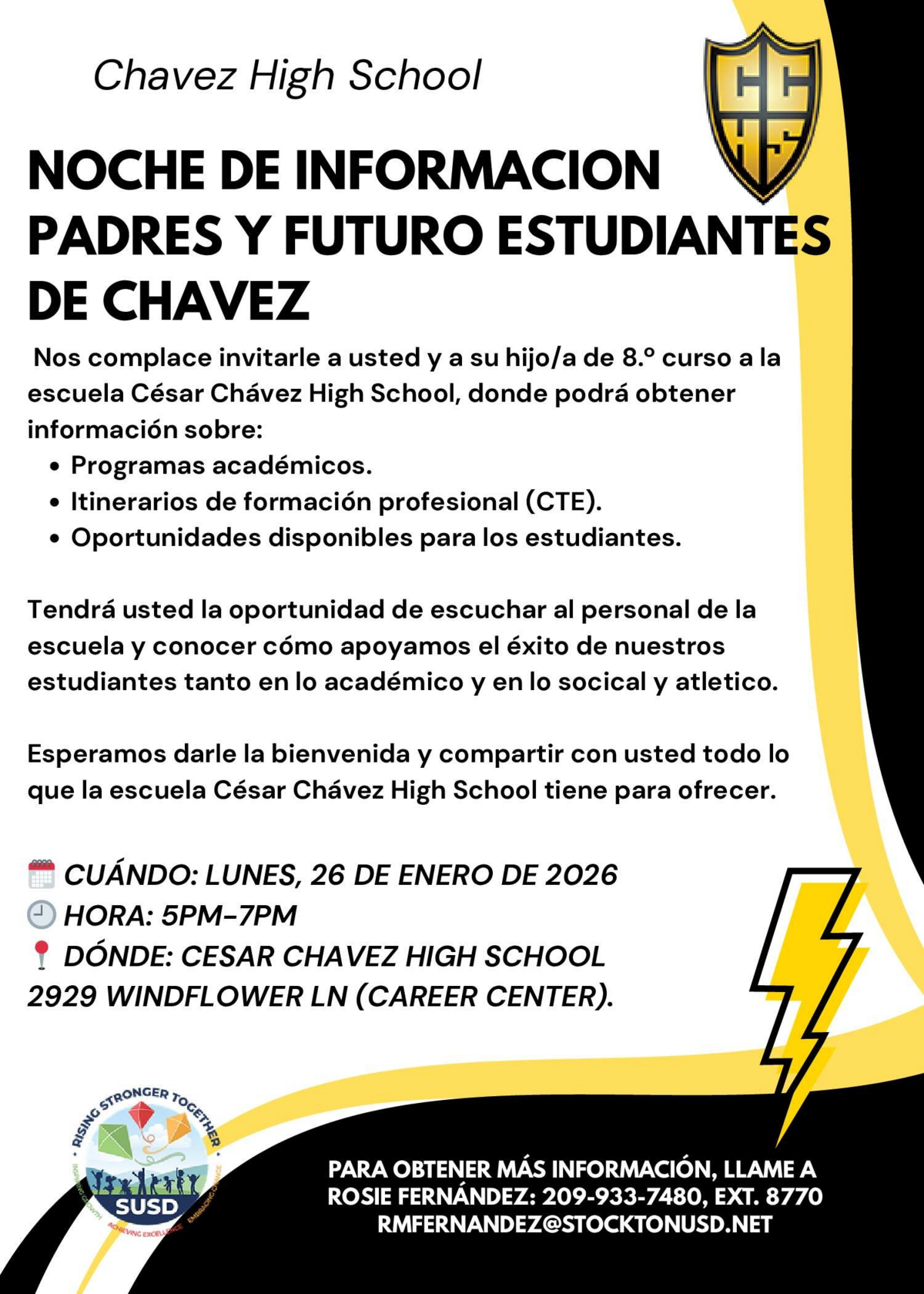 Chavez High School invites parents and future students to an information night on January 26, 2026, from 5 PM to 7 PM.