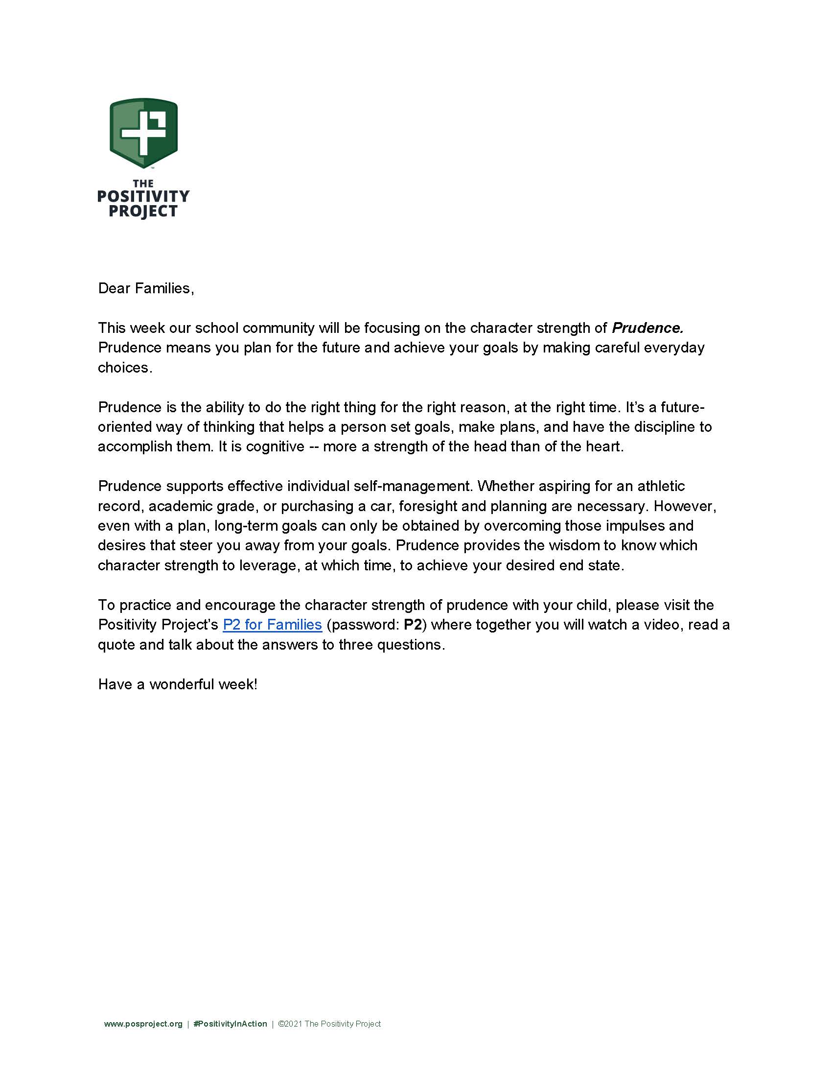 A letter from The Positivity Project discusses the character strength of Prudence.