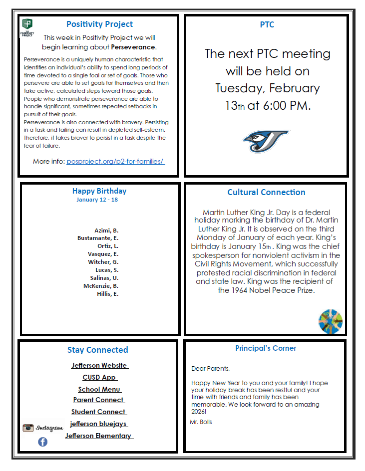 A newsletter with sections on Positivity Project, PTC meeting, Happy Birthday, Cultural Connection, Stay Connected, and Principal's Corner.