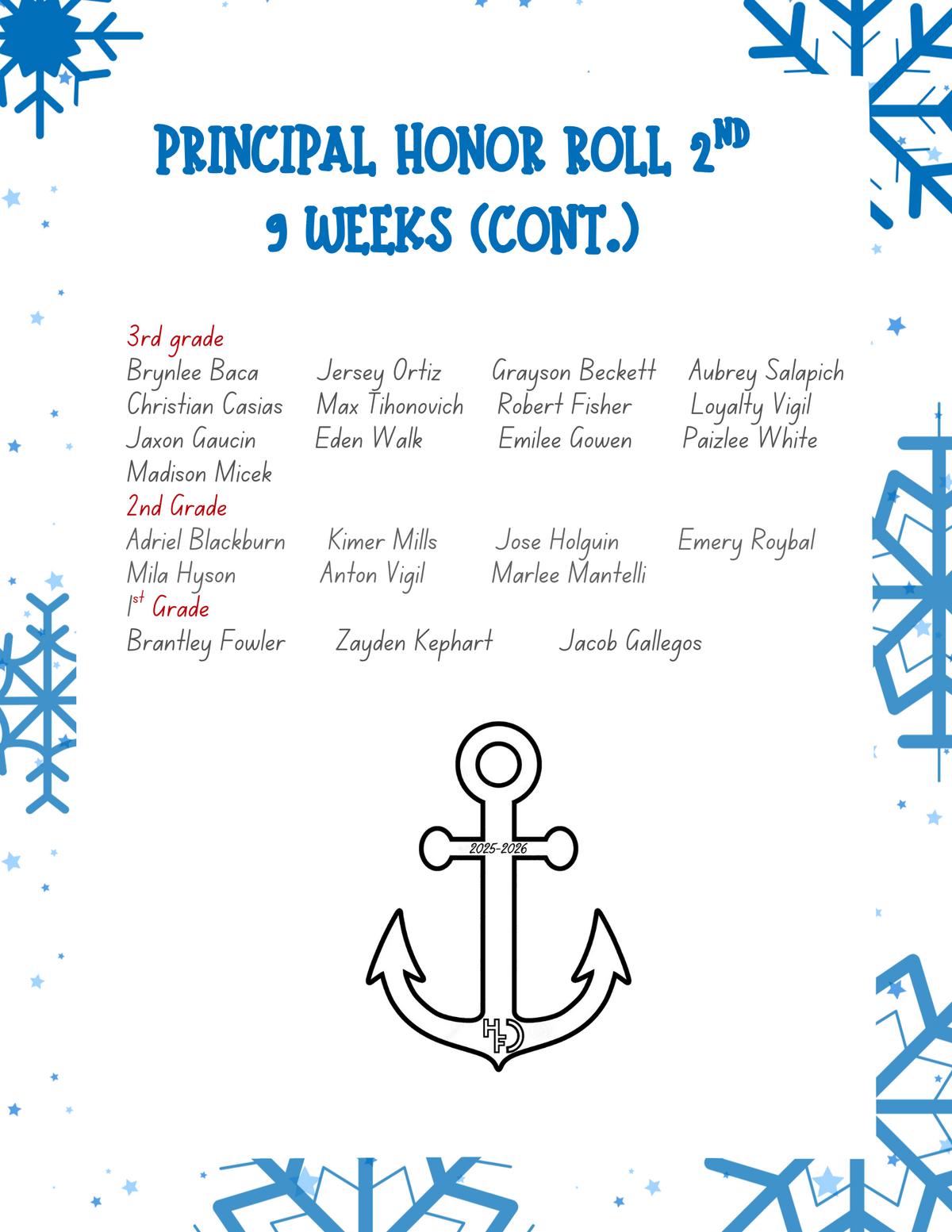 A list of students on the Principal Honor Roll for the 2nd 9 Weeks, with names organized by grade level.