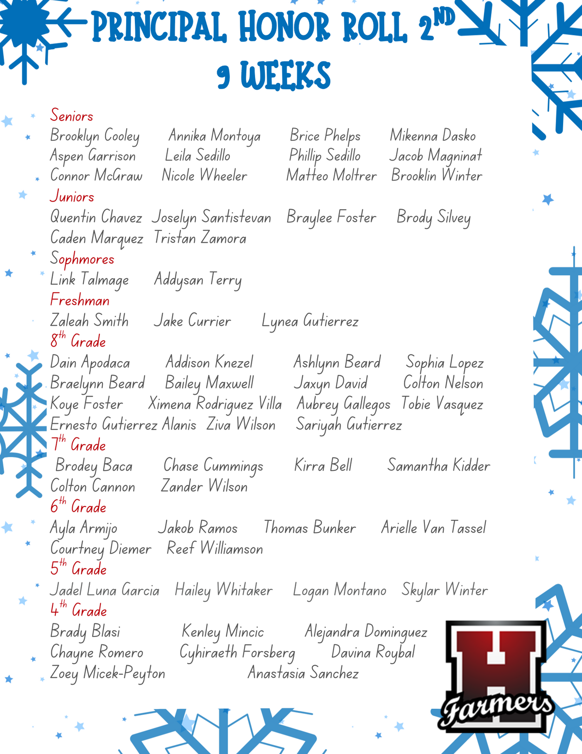 A list of students on the Principal's Honor Roll for the 2nd 9 Weeks, organized by grade level.