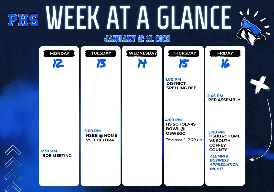 PHS Week at a Glance calendar for January 12-16, 2026, with daily events listed.