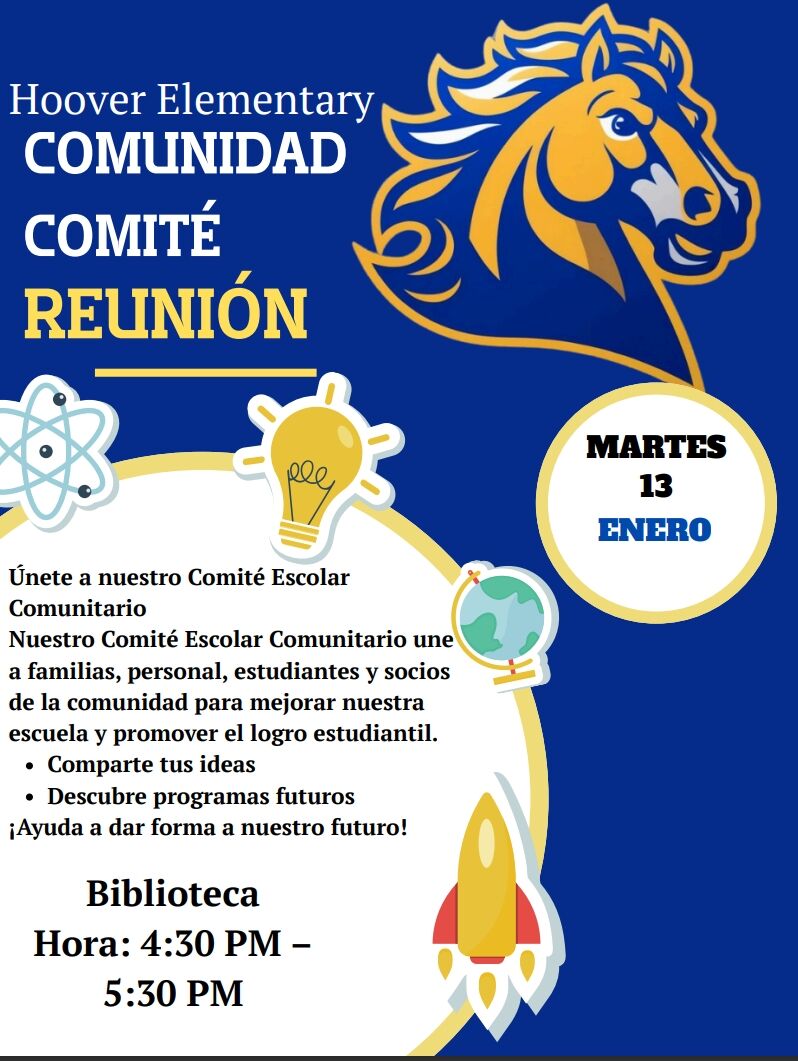 Hoover Elementary Comunidad Comité Reunión announcement with a horse mascot and event details.