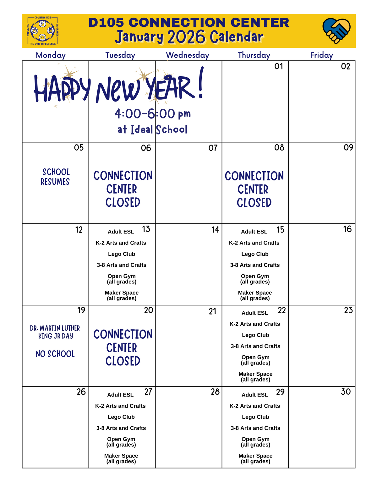 January 2026 calendar for D105 Connection Center, showing events and closures.