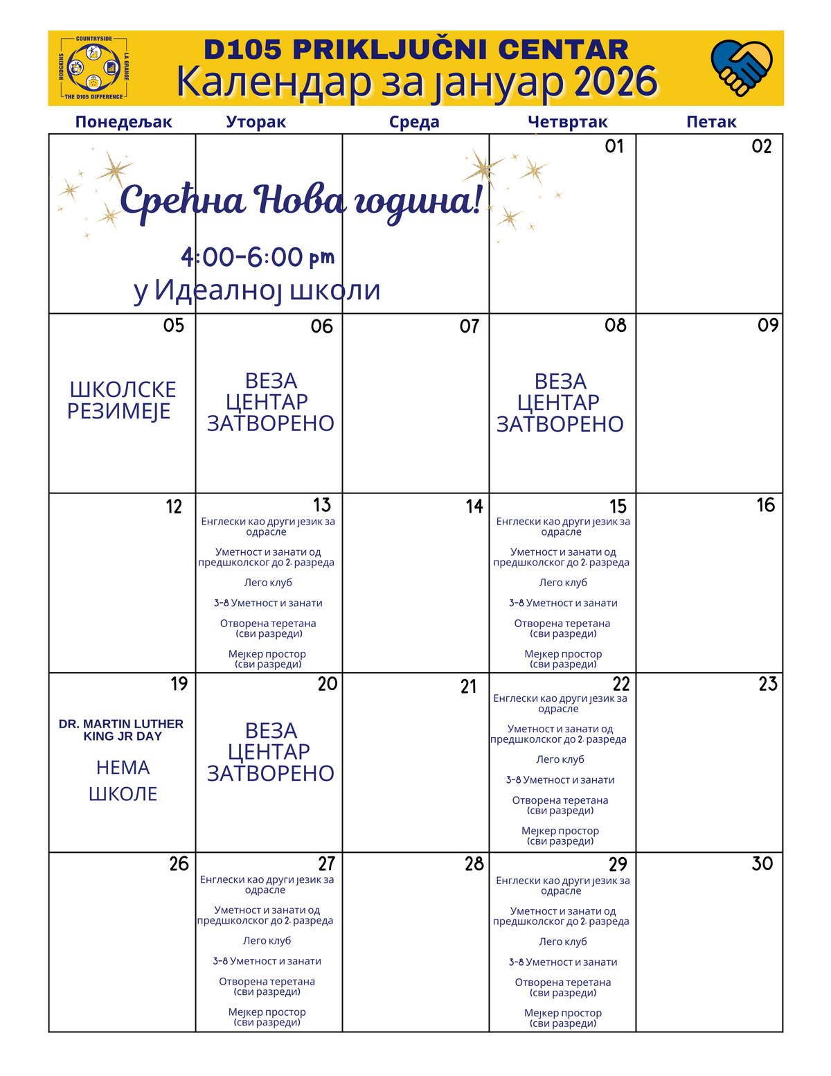 Calendar for January 2026, featuring a "Happy New Year!" event on January 1st from 4:00-6:00 pm at Ideal School.
