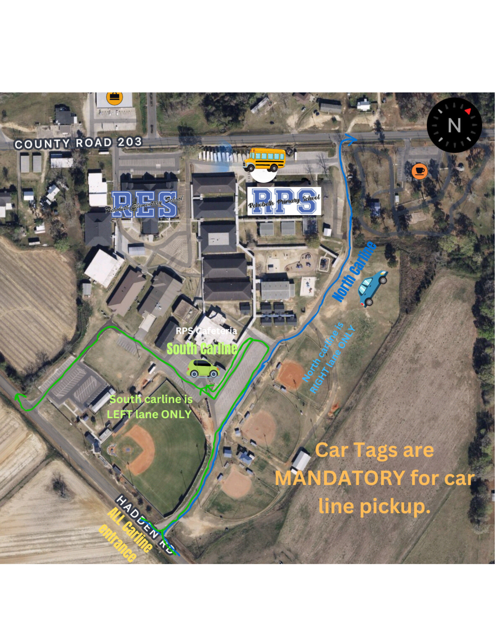 Aerial view of Rehobeth Elementary and Primary Schools with marked carline routes.