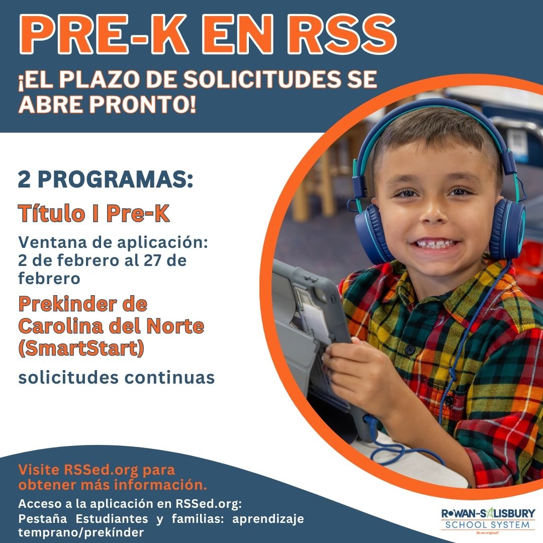 A smiling young boy wearing headphones looks at a tablet, with "PRE-K EN RSS" text above.