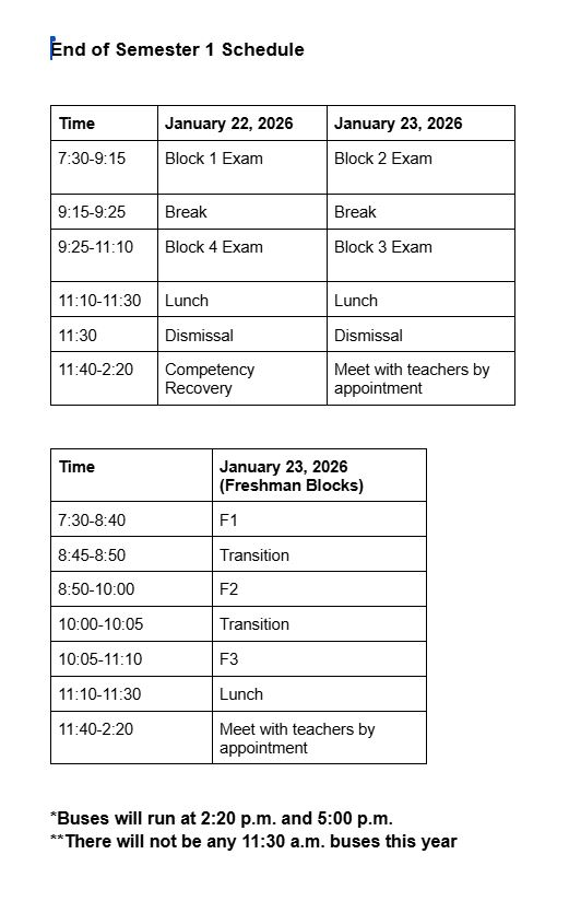 End of Semester One Schedule