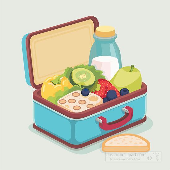 An open blue lunchbox filled with colorful fruits, vegetables, and a sandwich.