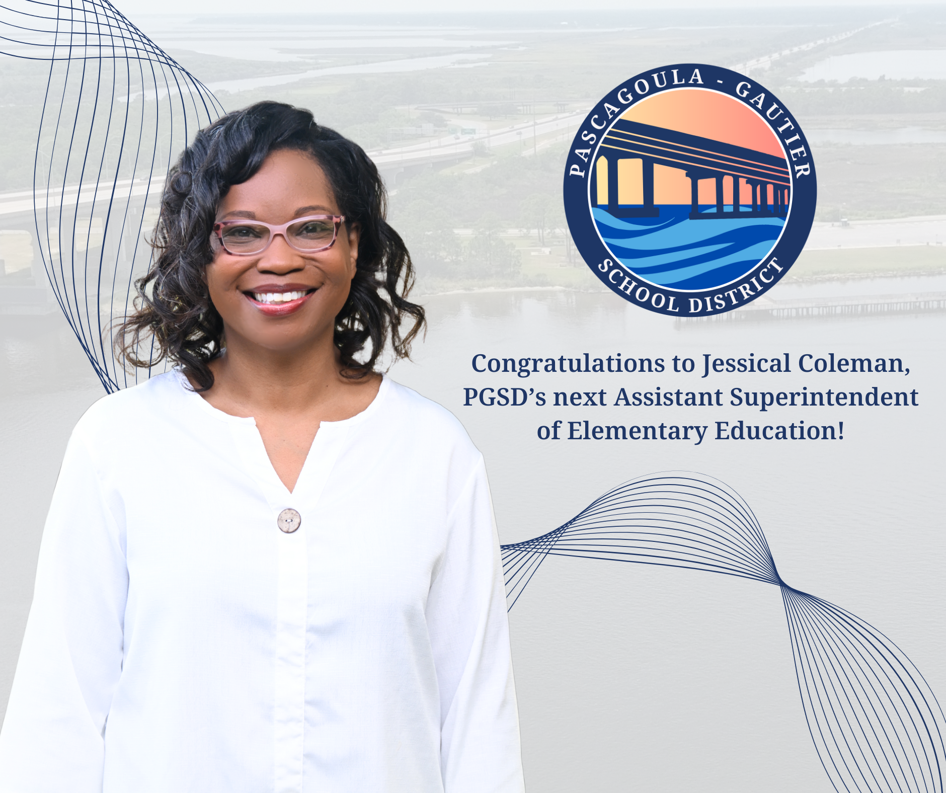 Jessical Coleman smiles, wearing glasses and a white blouse, with the Pascagoula-Gautier School District logo and text announcing her new role.