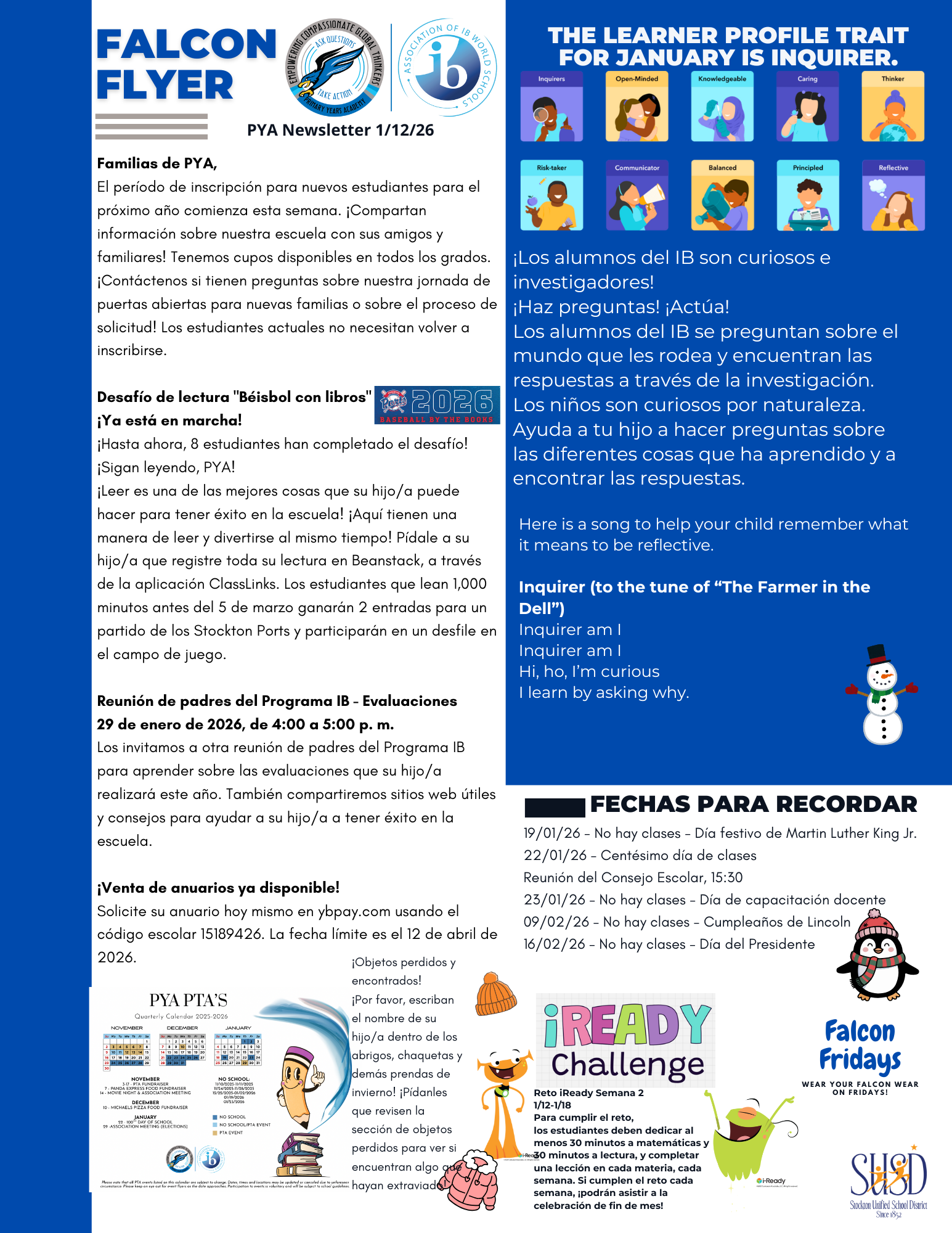 A newsletter titled 'FALCON FLYER' with the date 'PYA Newsletter 1/12/26' features articles on school enrollment, a reading challenge, parent meetings, and yearbook sales.