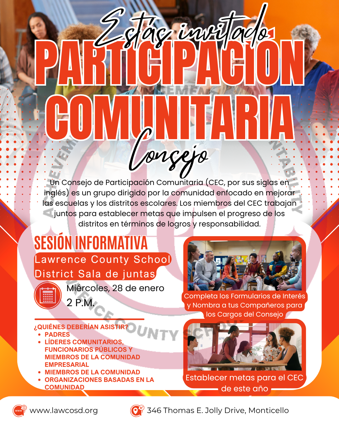 Poster announcing a Community Participation Council (CEC) informational session for Lawrence County School District.