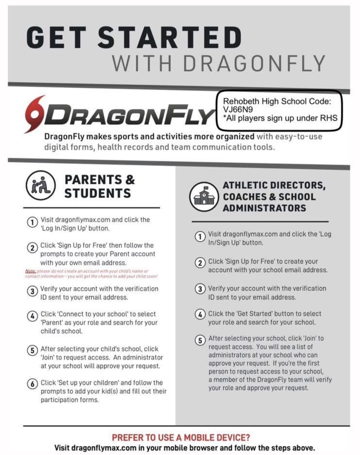 Instructions for getting started with DragonFly, a platform for sports and activities, with separate steps for parents/students and administrators.