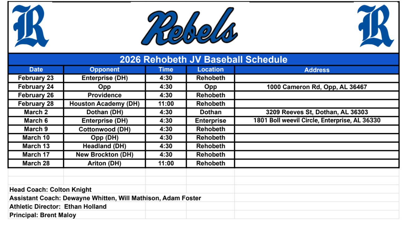 2026 Rehobeth JV Baseball Schedule featuring dates, opponents, times, locations, and addresses.
