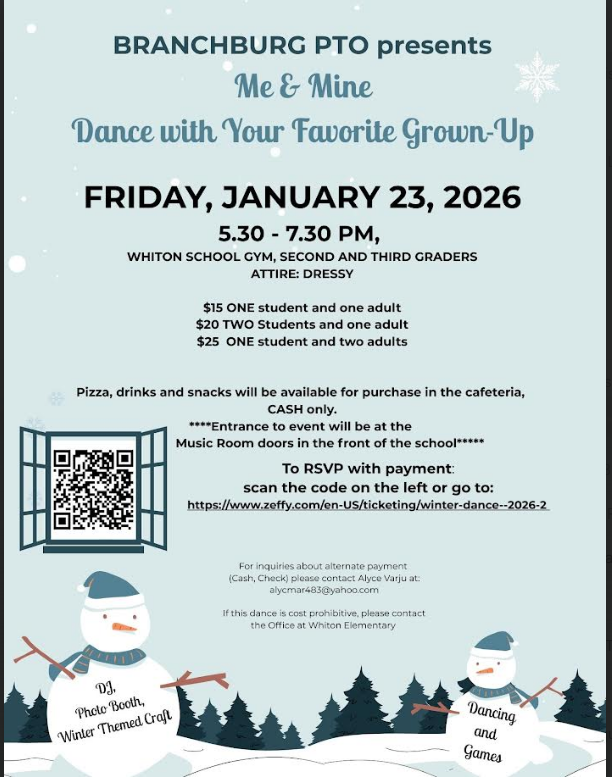 Flyer for the Branchburg PTO 'Me & Mine' Dance with Your Favorite Grown-Up event on Friday, January 23, 2026.
