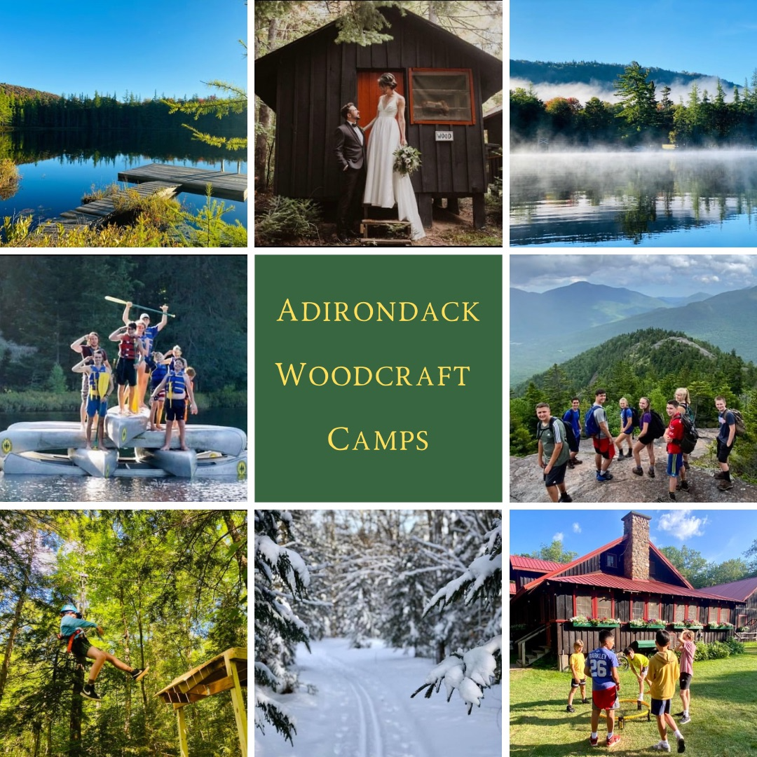 A collage of images showcasing Adirondack Woodcraft Camps, featuring outdoor activities and scenic views.