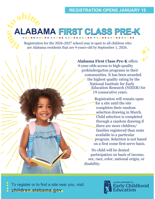 A young girl with a backpack holds an open book, smiling brightly against a backdrop of yellow sunbursts and text about Alabama First Class Pre-K.