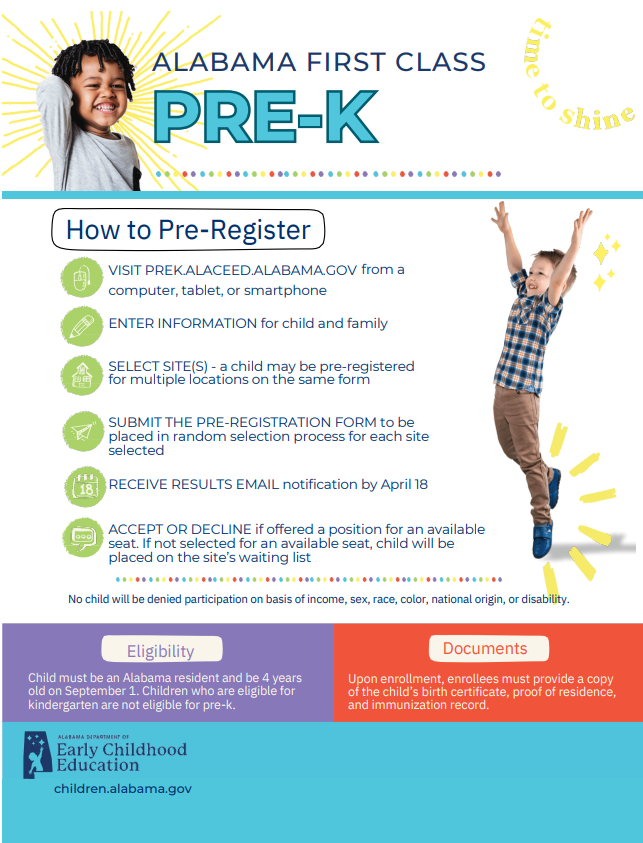 Alabama First Class Pre-K registration guide with steps and eligibility requirements.