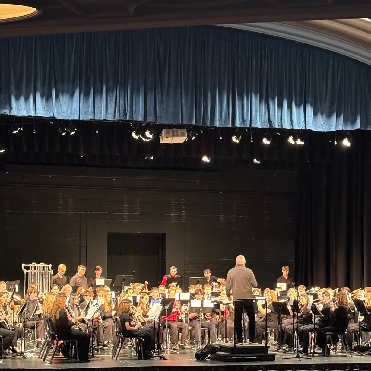 A large orchestra performs on a stage with a conductor leading.