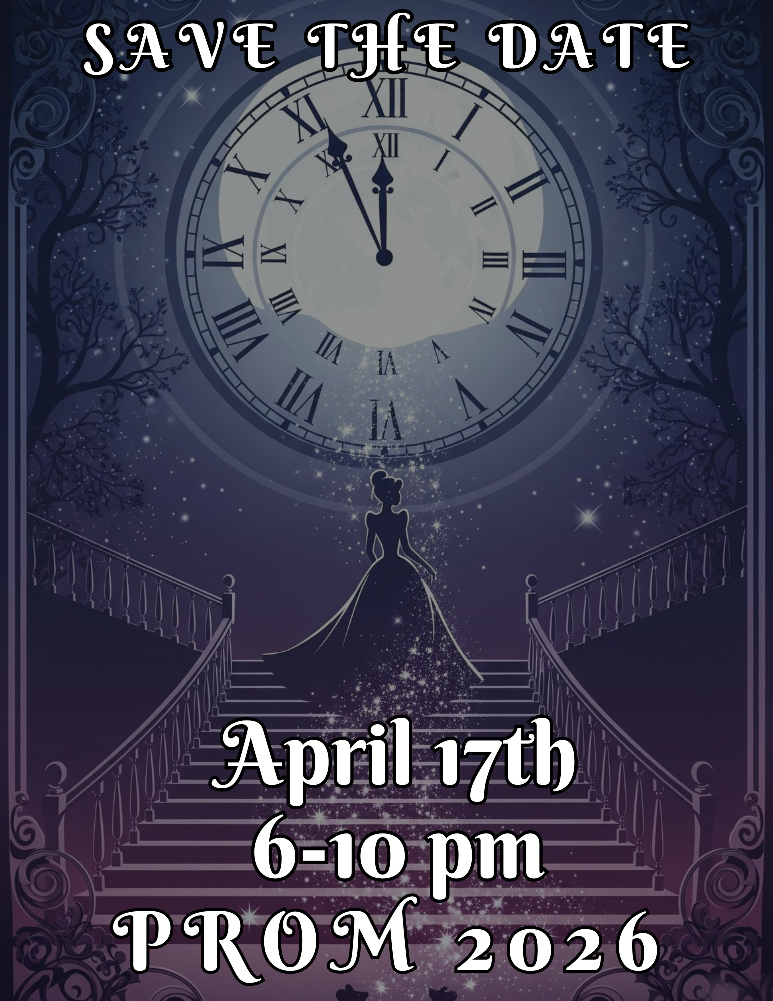 A "Save the Date" graphic for Prom 2026, featuring a Cinderella-like silhouette on stairs with a large clock face.