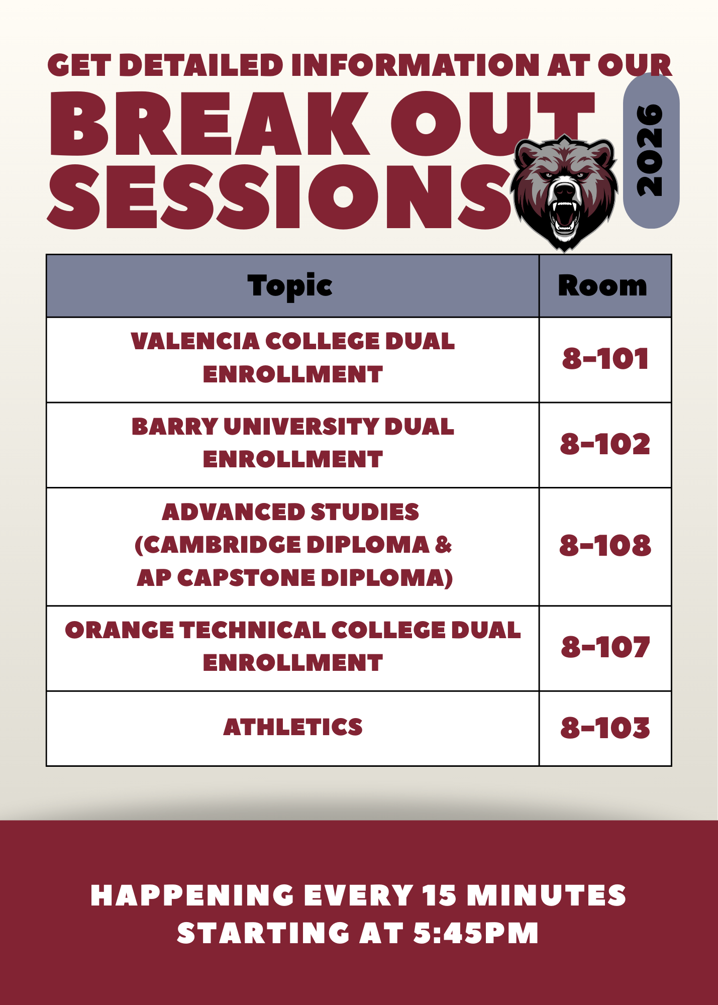Information about Break Out Sessions for 2026, including topics like Valencia College Dual Enrollment and Athletics, with room numbers listed.