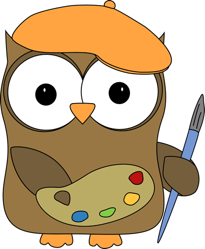 A cartoon owl wearing an orange beret holds a paintbrush and a palette with colorful paints.