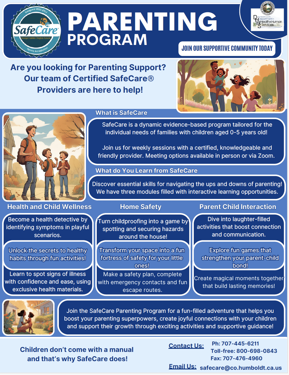 A flyer for the SafeCare Parenting Program, featuring illustrations of families and program details.
