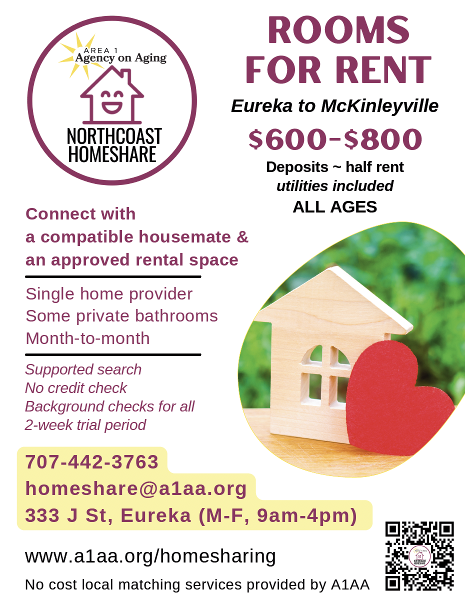 Advertisement for rooms for rent in Eureka to McKinleyville, with prices ranging from $600-$800.