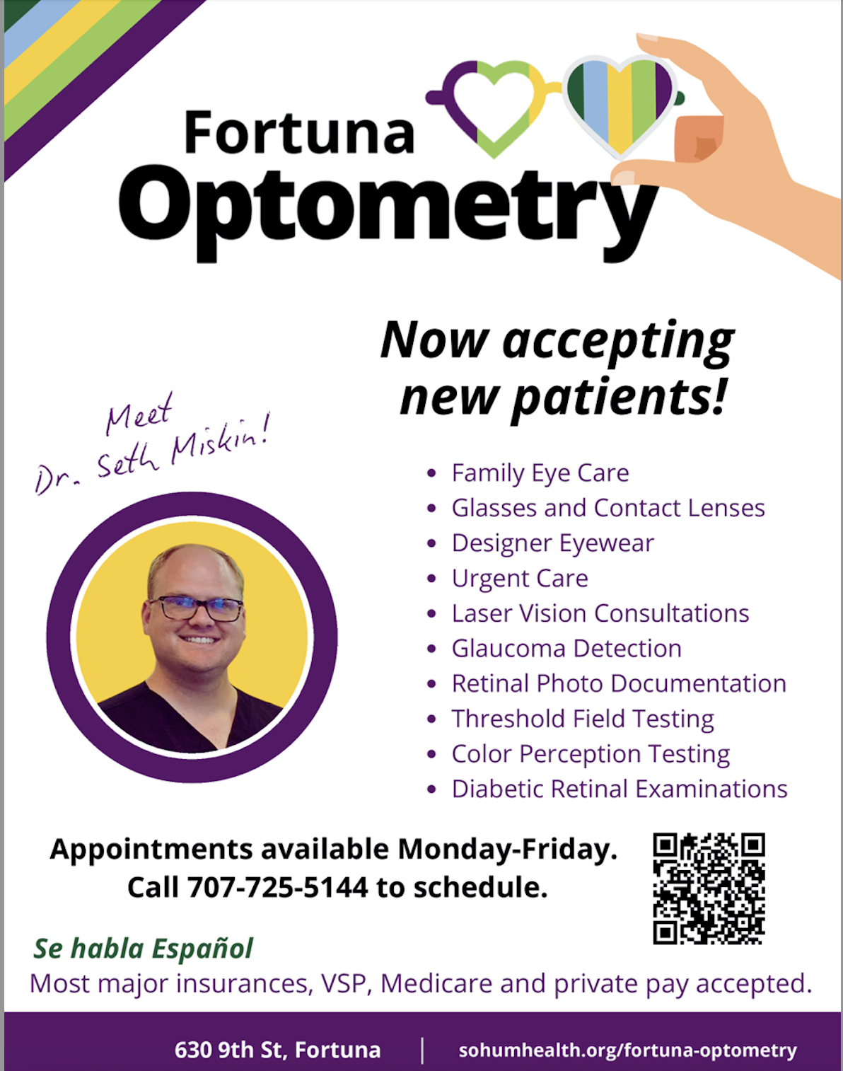 Fortuna Optometry advertisement featuring Dr. Seth Miskin and services offered.