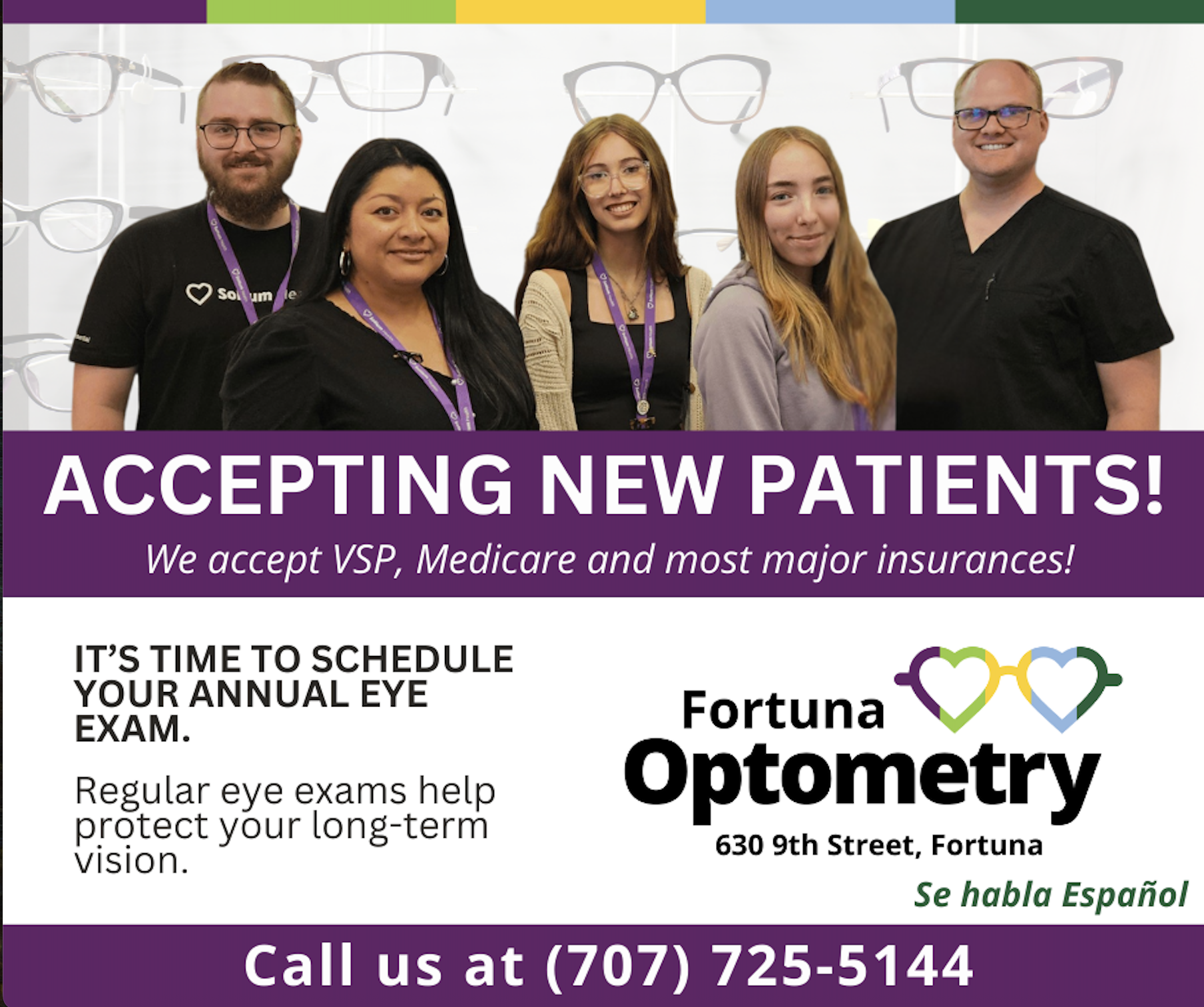 Five smiling individuals, likely staff, stand in front of a background of eyeglasses, advertising Fortuna Optometry.
